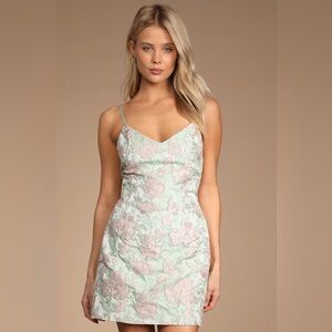 🆕(NWT) LULUs Never-Ending Love Mint Floral Jacquard Sleeveless Mini Dress. XL